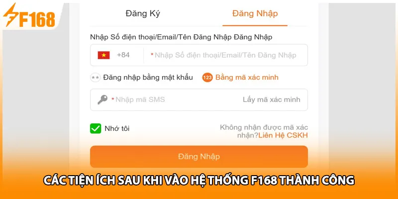 Các tiện ích sau khi vào hệ thống F168 thành công